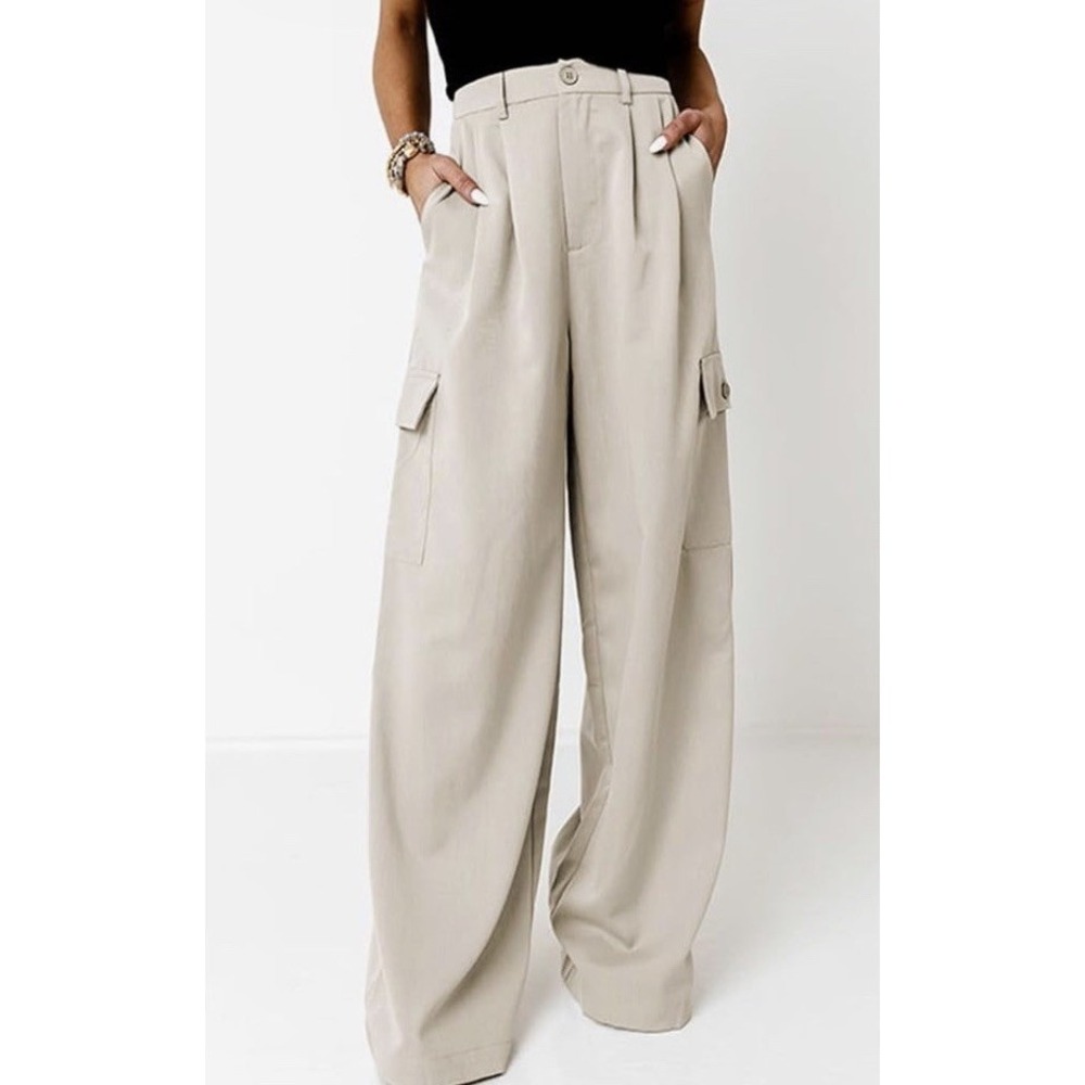 Acelitt Wide Leg Trousers Women Size 6 Beige New High Waist Cargo Pleated